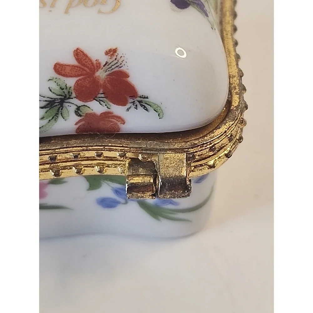 Imperial Porcelain  Trinket Box White, Goldtone & Floral Psalm 46:1 Bible Verse